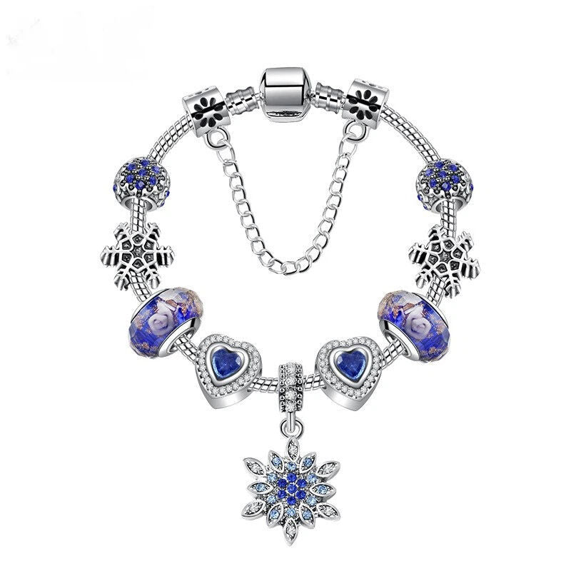Blue Cat’s Eye & Glass Bead Bracelet – Rhinestone Snowflake Pendant(20cm)