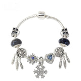 Pandora-Style Rhinestone Blue Cat’s Eye Heart Bracelet: Glass Beads, Dreamcatcher Feather Snowflake(17cm)