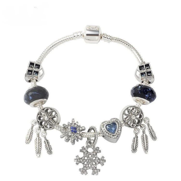Pandora-Style Rhinestone Blue Cat’s Eye Heart Bracelet: Glass Beads, Dreamcatcher Feather Snowflake(17cm)
