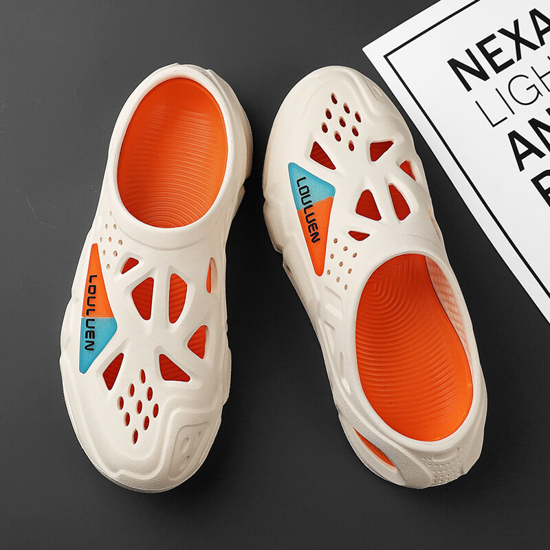 Men's Summer EVA Crocs with 3 Color Options - Breathable, Non-Slip, Comfortable Beach & Casual Sandals(white&orange-44-45)