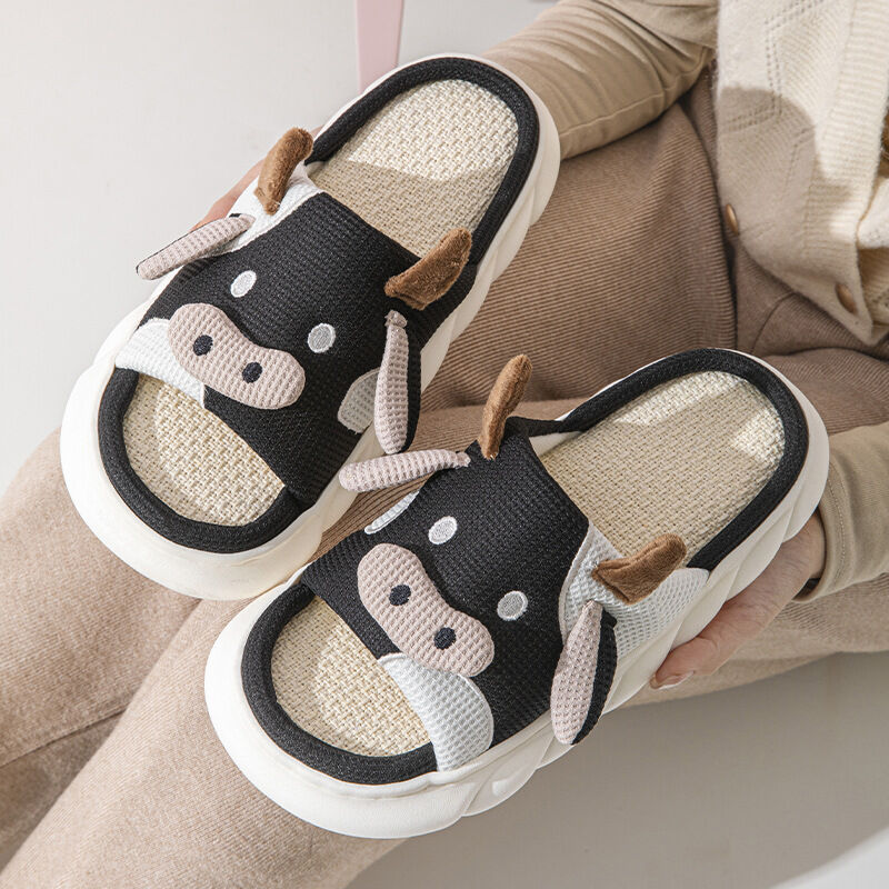 Unisex Cow Cartoon Linen Slippers: EVA Thick Sole Non-Slip Beach Sandals for Couples & Parent-Child, 7 Styles(black-41-42)