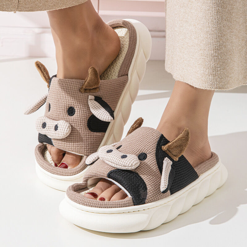 Unisex Cow Cartoon Linen Slippers: EVA Thick Sole Non-Slip Beach Sandals for Couples & Parent-Child, 7 Styles(coffee brown-37-38)