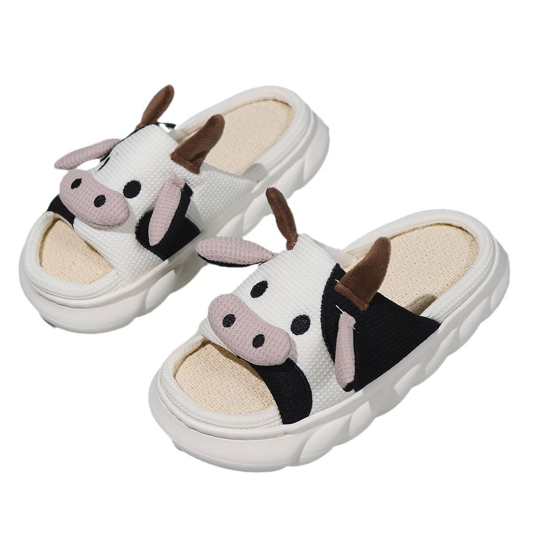 Unisex Cow Cartoon Linen Slippers: EVA Thick Sole Non-Slip Beach Sandals for Couples & Parent-Child, 7 Styles(white-39-40)