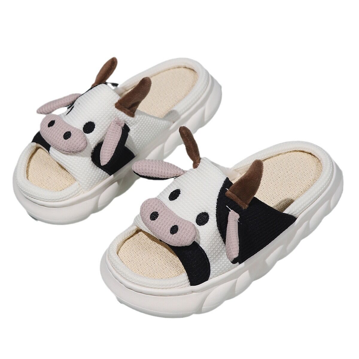 Unisex Cow Cartoon Linen Slippers: EVA Thick Sole Non-Slip Beach Sandals for Couples & Parent-Child, 7 Styles(white-43-44)