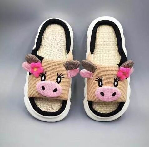 Unisex Cow Cartoon Linen Slippers: EVA Thick Sole Non-Slip Beach Sandals for Couples & Parent-Child, 7 Styles(khaki-39-40)