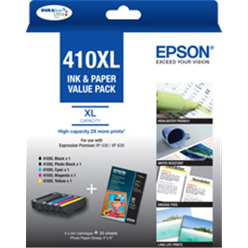 EPSON 410XL MEGA PACK 5 INK CMYK PBK 20 SHT 4X6 PAPER FOR XP-530 630 540 640