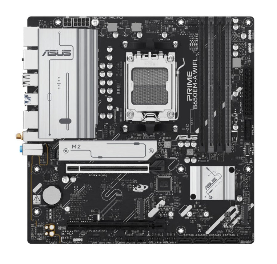 ASUS AMD B650EM PRIME B650EM-A WIFI (AM5) Micro-ATX Motherboard  4x DDR5 256GB, 1x PCIe 4.0 x16 slot, 3 x M.2 slots, 4 x SATA, Wi-Fi 6