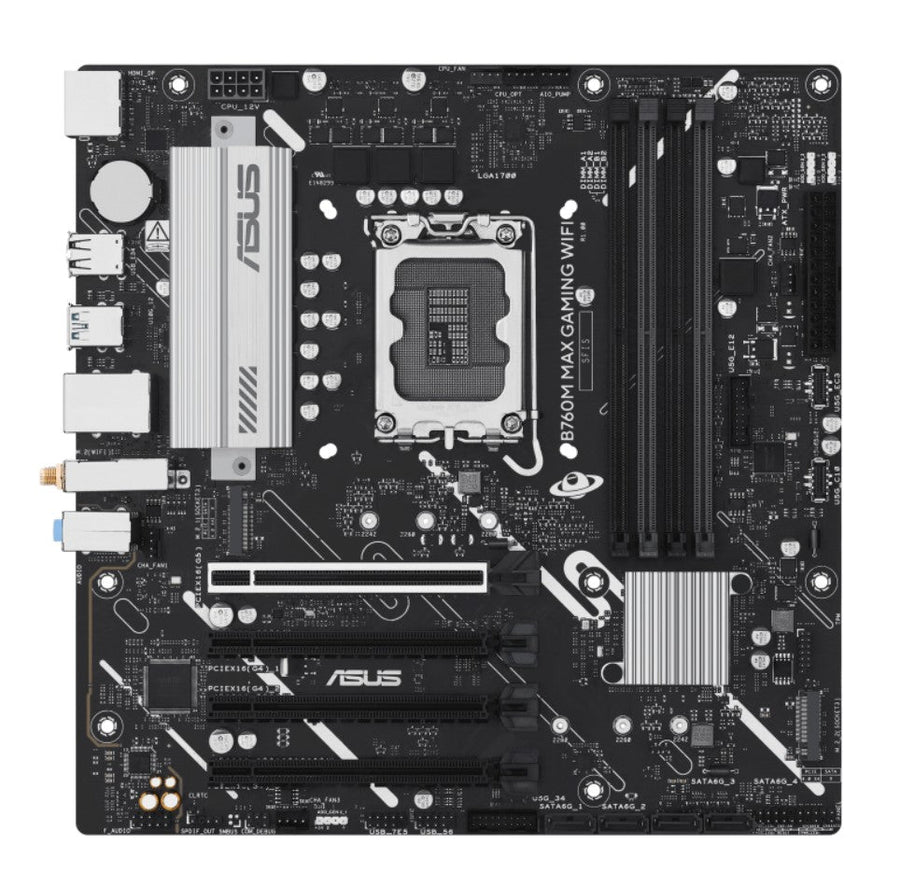 ASUS B760M MAX GAMING WIFI Intel LGA1700 mATX Motherboard, PCIe 5.0, DDR5, 3x M.2 slots, 1GB Ethernet, Wi-Fi 6, 1xDP, 1xHDMI, SATA 6Gbps, USB-C, AuraS