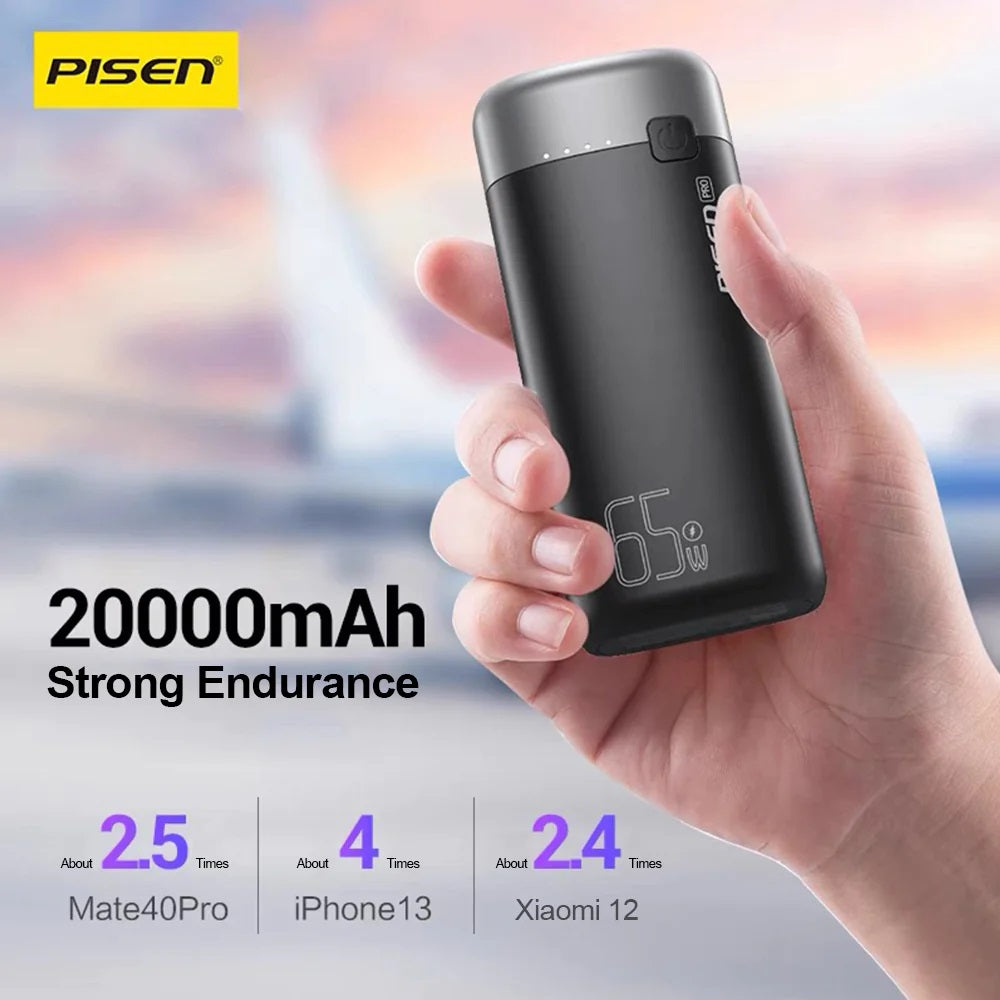 Pisen Pro 65W 20K (20000mAh) Laptop Power Bank (3 Port) + USB-C to USB-C Cable (50cm) - Black, 1x USB-C, 2x USB-A, LED Digital Display