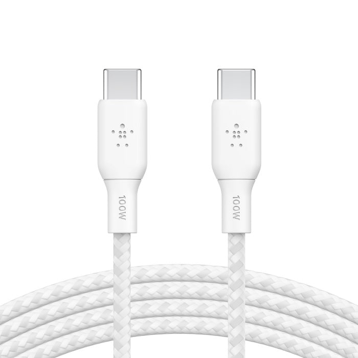 Belkin BoostCharge Braided USB-C to USB-C Cable (2M) - White (CAB014bt2MWH), 100W, 480Mbps,30K+ Bends,Samsung Galaxy,USB-IF Certified,2 Years Warranty