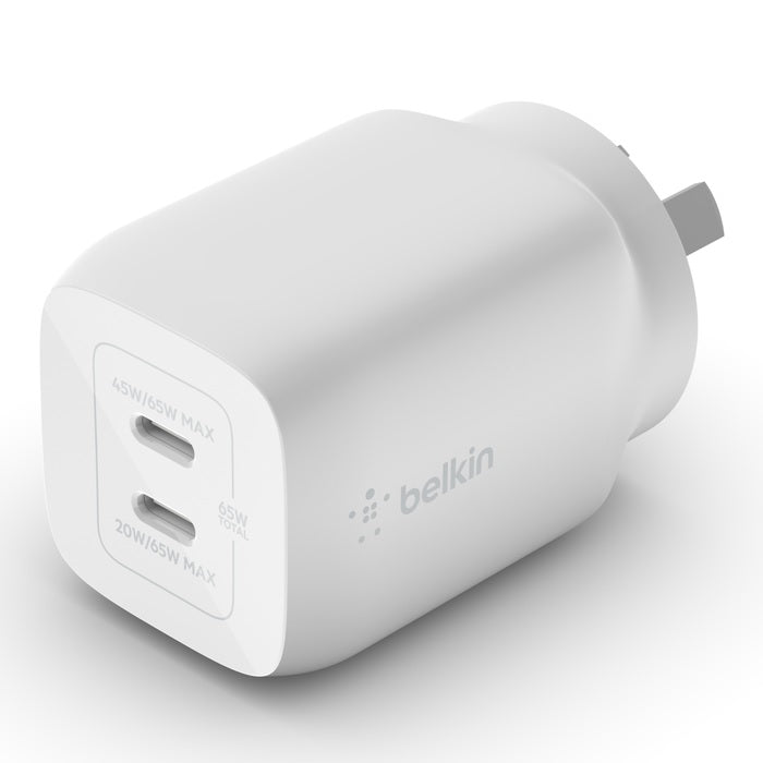 Belkin BoostCharge Pro 65W USB-C (PD 3.0) PPS Dual GaN Wall Charger - White (WCH013auWH), Compact Laptop Charger, Travel-Ready, 2 Years Warranty