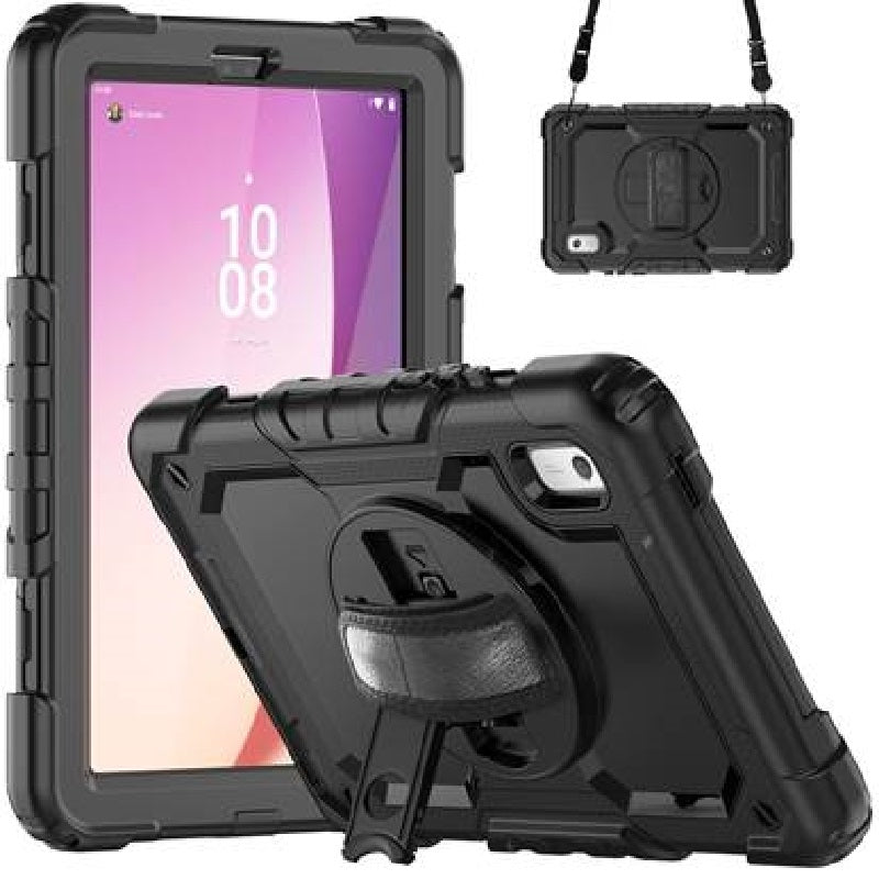 USP Rugged Lenovo Tab M9 (9') Case + Screen Protector Black - Built-in-Kickstand, Adjustable Hand Strap, Shoulder Strap, Reinforced Corners