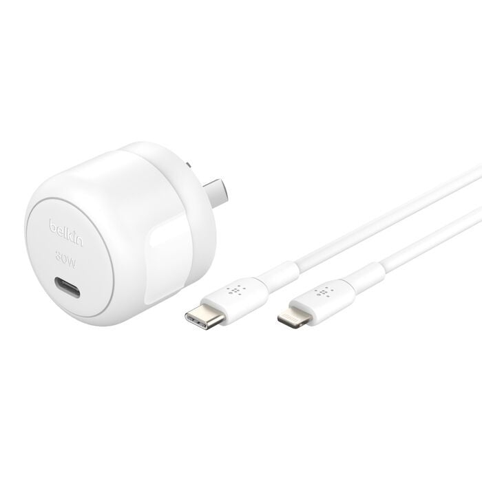 Belkin BoostCharge Compact 30W USB-C PD 3.1 Wall Charger + USB-C to Lightning Cable - White (WCA008au1MWH-B5), Safe & Efficient, 2 Years Warranty
