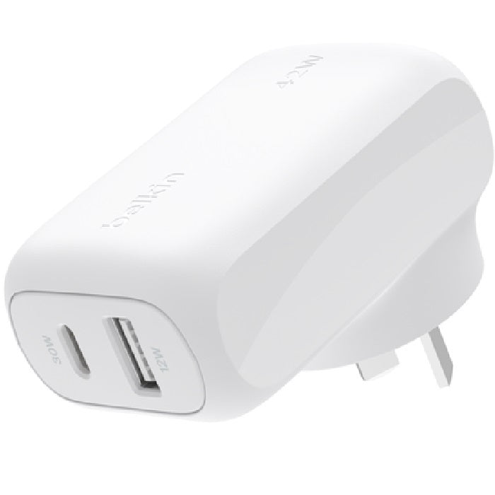 Belkin BoostCharge 42W USB-C PD 3.0 PPS Dual Wall Charger - White (WCB009auWH), 30W USB-C, 12W USB-A, Dynamic Power,Safe & Efficient, 2 Years Warranty
