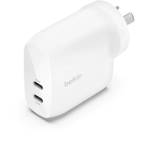 Belkin BoostCharge Pro 60W Dual USB-C PD 3.1 PPS Wall Charger - White (WCB010auWH), 2XUSB-C Ports,Compact & Travel Ready, 2 Years Warranty