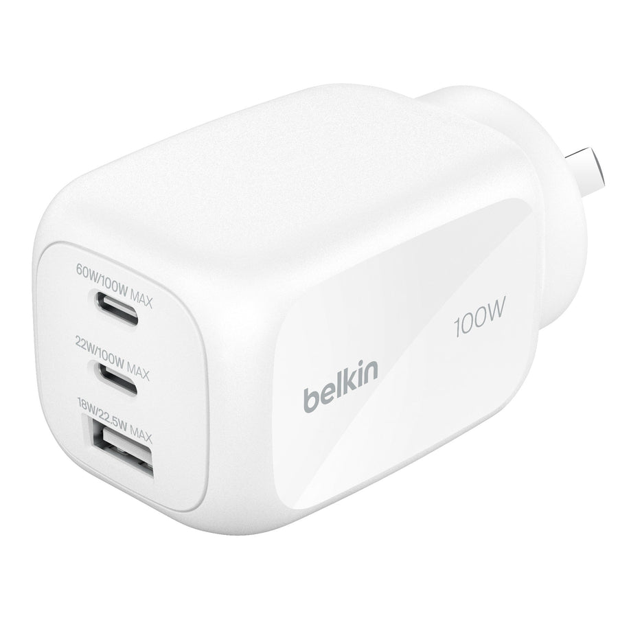 Belkin BoostCharge Pro 100W 3-Port GaN Wall Charger - White (WCH016AUWH)