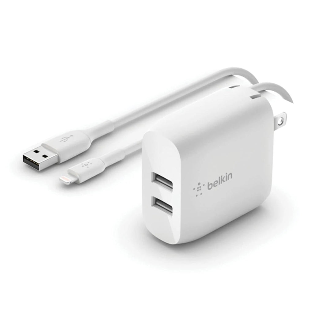 Belkin BoostCharge 24W Dual USB-A Wall Charger + Lightning to USB-A Cable (1M) - White (WCD001au1MWH), 2xUSB-A (12W), CEW $2,500, 2 Years Warranty