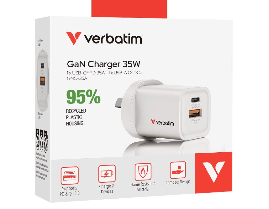 Verbatim 2 Port 35 Watt Portable GaN charger, 1 x USB-C PD 35w, 1x USB-A QC 3.0, Compact Design Apple, Android, Samsung, Google, Huawei, Oppo