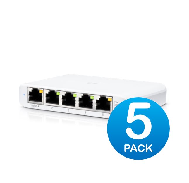 Ubiquiti USW Flex Mini 5 Pack - Managed, UniFi, Layer 2 Gigabit, 5x GbE RJ45 Ports, Power Via PoE (802.3af) /USB Type-C 5V 1A, No PSU,