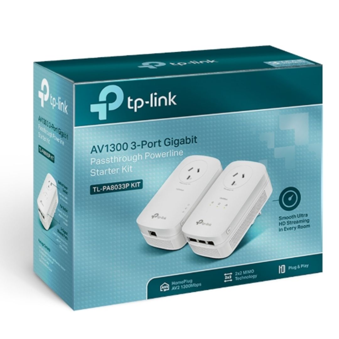 TP-Link TL-PA8033P KIT AV1300 Passthrough Powerline KIT, Qualcomm, 3 Gigabit Ports, 1300Mbps Powerline, 2*2 MIMO, HomePlug AV2, New PLC Utility, Twin