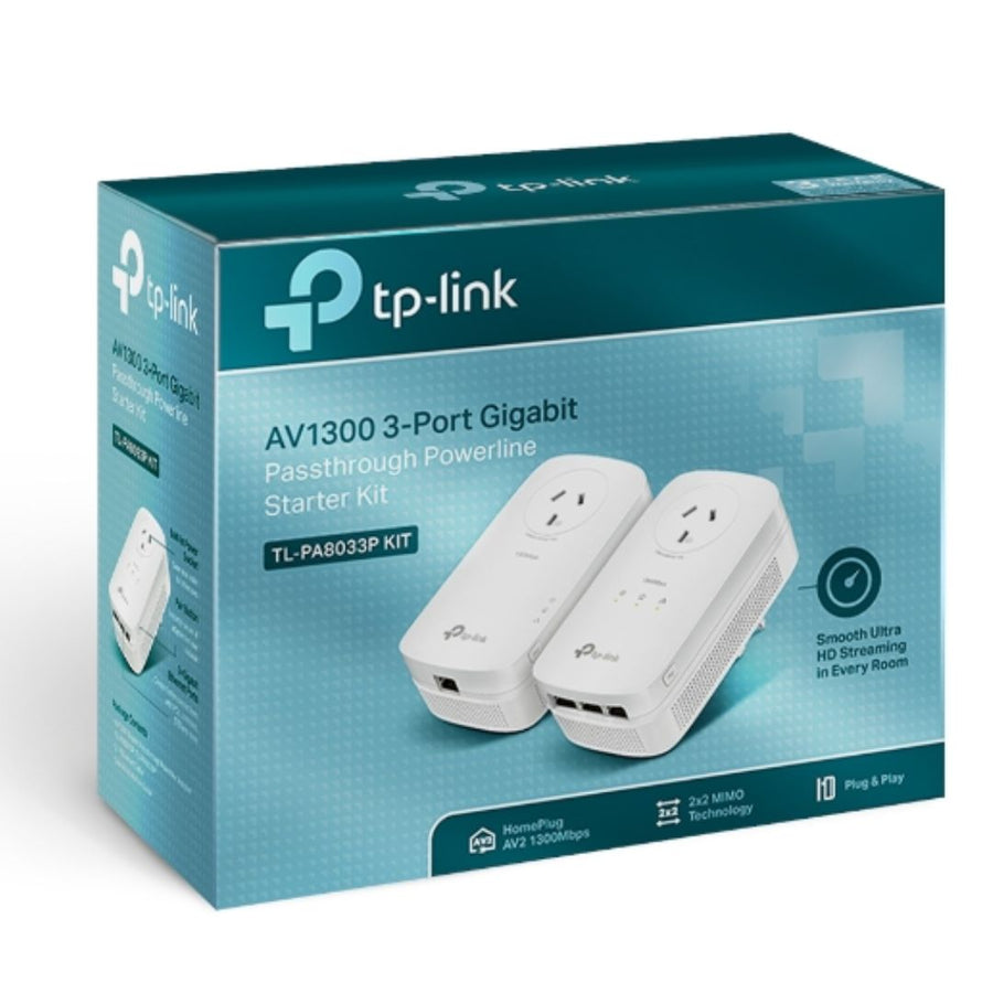 TP-Link TL-PA8033P KIT AV1300 Passthrough Powerline KIT, Qualcomm, 3 Gigabit Ports, 1300Mbps Powerline, 2*2 MIMO, HomePlug AV2, New PLC Utility, Twin