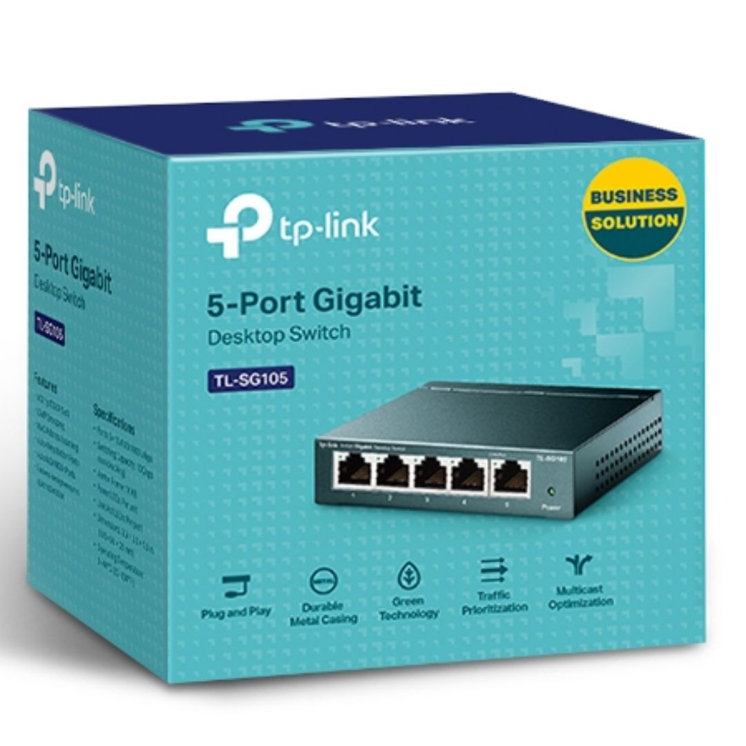 TP-Link TL-SG105 5port Switch Desktop,Gigabit,Steel Case, 5-Port 10/100/1000Mbps RJ45 Supporting Auto-MDI/MDIX, Plug and Play, Fanless