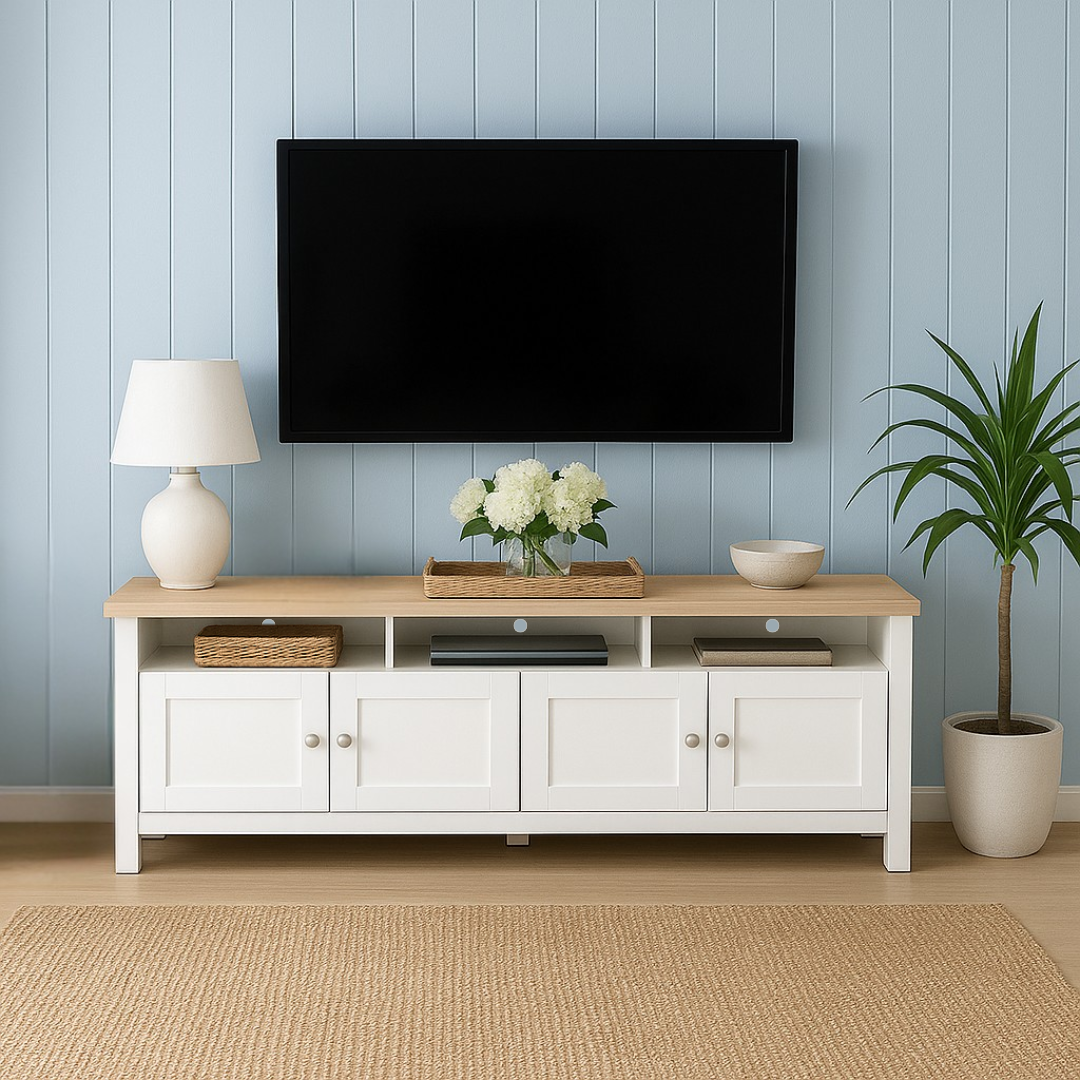 Noosa Entertainment Unit White and Oak 4 Doors and 3 spaces