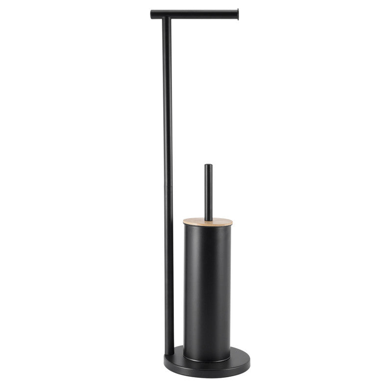 2-in-1 Iron Floor Standing Roll Paper Holder and Bamboo Lid Toilet Brush For Bathroom and Toilet-Black