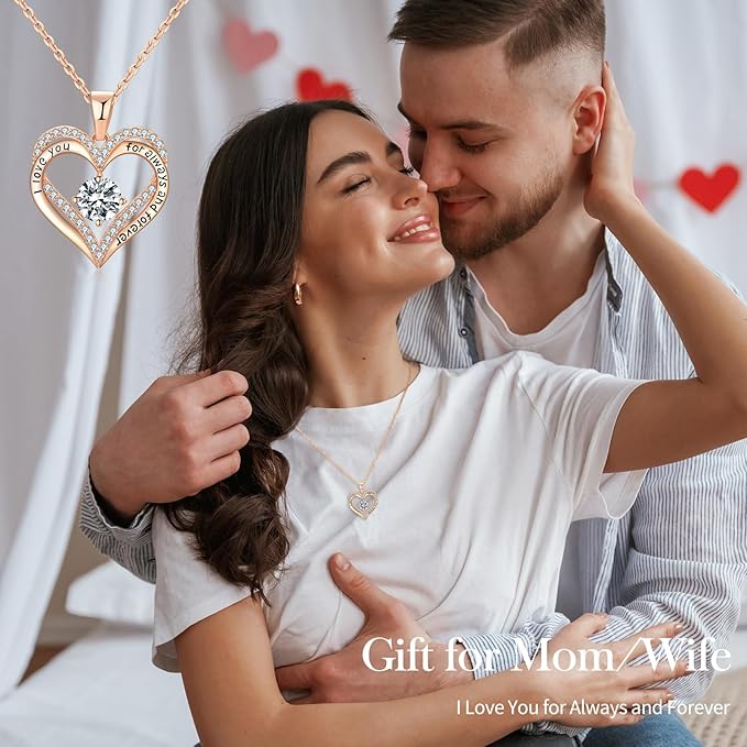  18K Rose Gold Necklaces for Women, 925 Sterling Silver Gifts for Mothers Day, Jewelry for Wife Mom Her Girlfriend, Birthstone Diamond Necklace for Birthday Anniversary, Heart Pendant Jewelry-APR