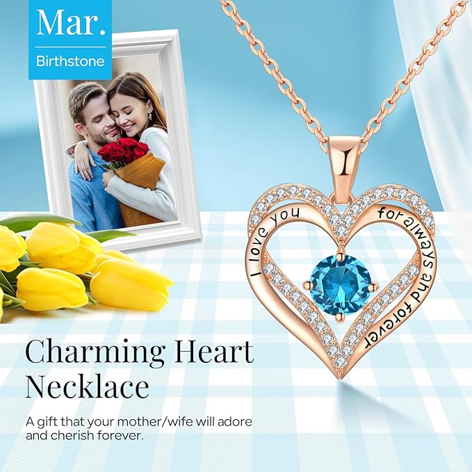 18K Rose Gold Necklaces for Women, 930 Sterling Silver Gifts for Mothers Day, Jewelry for Wife Mom Her Girlfriend, Birthstone Diamond Necklace for Birthday Anniversary, Heart Pendant Jewelry-DEC