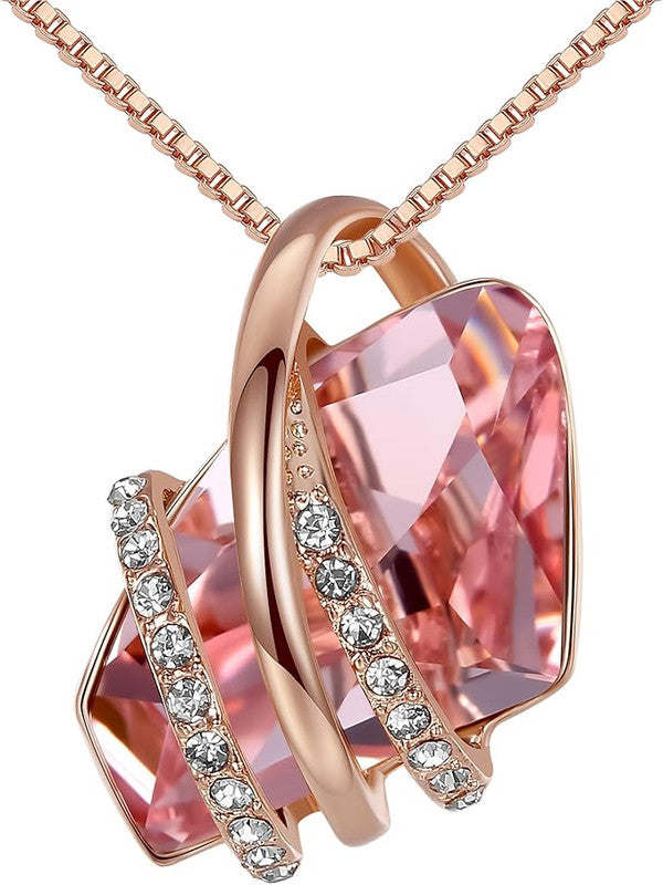 Wish Stone Pendant Necklace, Necklaces for Women with Birthstone Crystals, Allergy-Free Jewelry for Women with Gift Box, 25K Rose Gold Plated or Silver-tone Birthstone Necklace for Women-10-October Birthstone-Vintage Pink