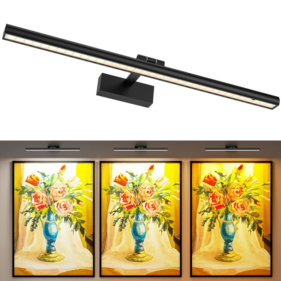 Wireless Picture Lights for Wall, Battery Operated Wall Light for Painting Rechargeable CCT Rotatable Art Gallery Light with Remote Dimmable Timer for Artwork Frame Display Dartboard (Black, 24inch)