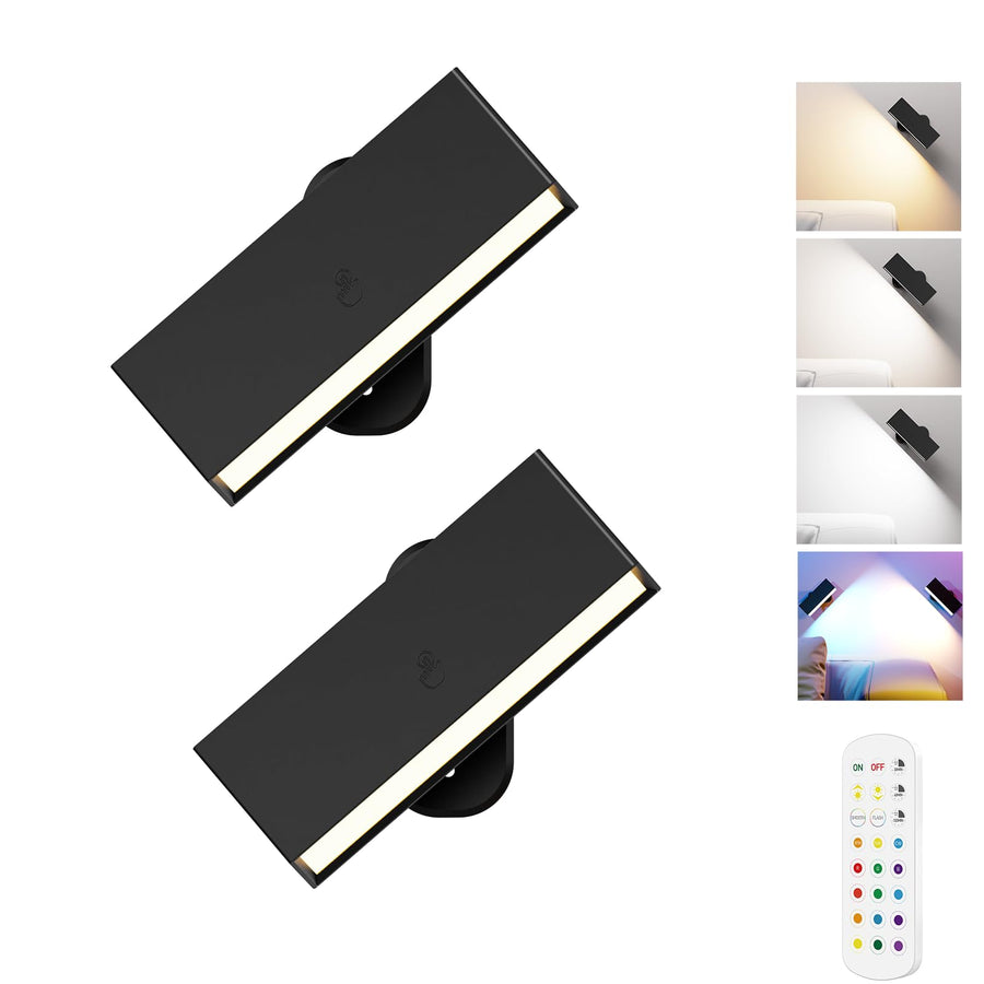 LED Wall Lights 2 Pack with Remote,Wall Sconces Lamp 3000mAh Rechargeable Battery Operated,3 Color Temperatures & 12 RGB Dimmable Magnetic 360° Rotation Cordless Light (Black)