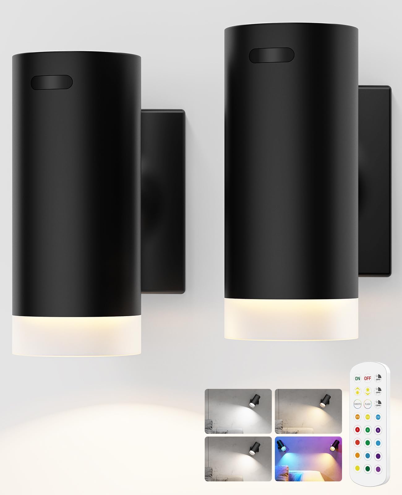 Battery Operated Wall Lights 2 Pack Rechargeable Wall Lights Indoor Touch Dimmable with Remote Control,Magnetic Wall Sconce Lights Battery Black Wireless LED Decor Lighting 3000mAh [Energy Class F]