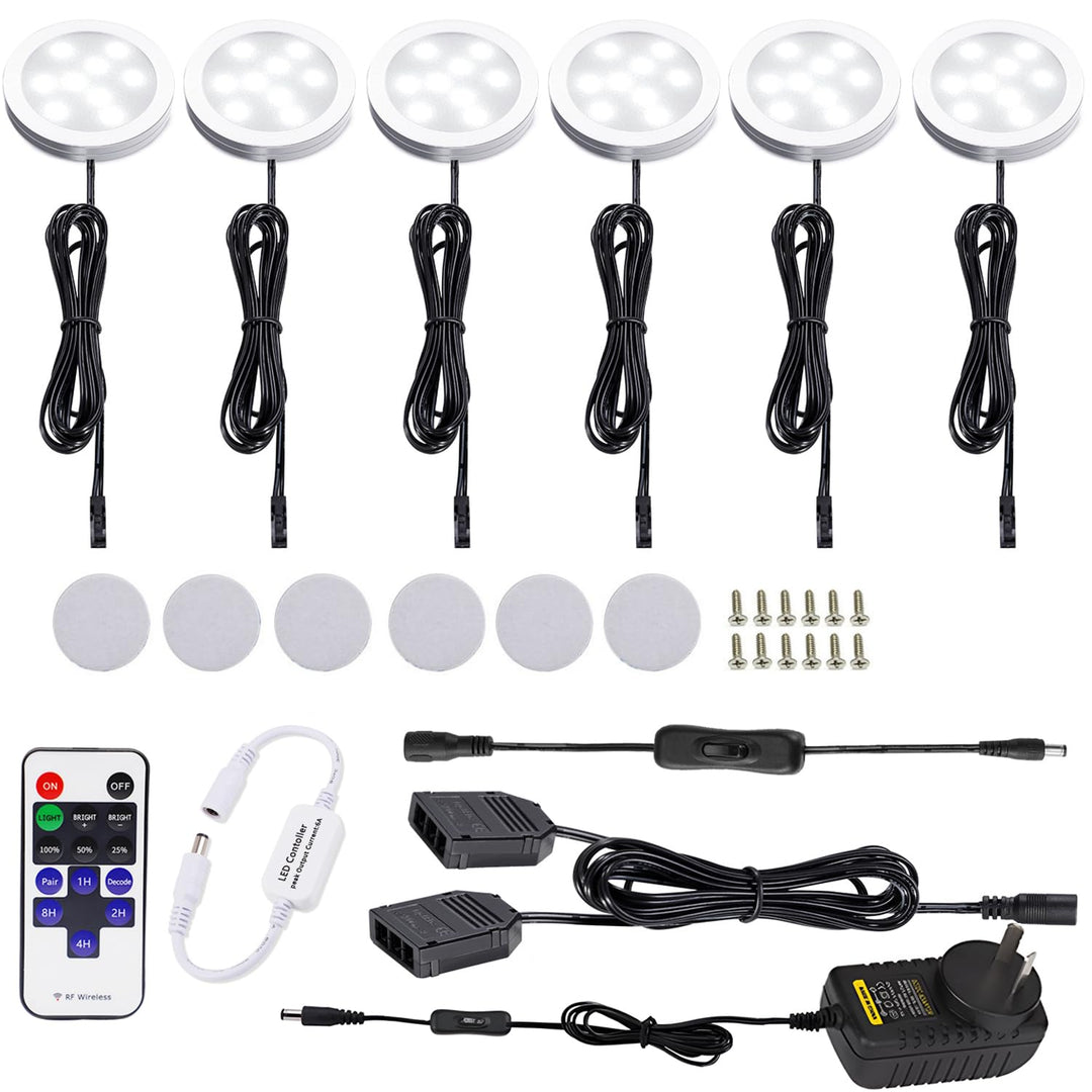 Dimmable & Timing Under Counter Lights Kitchen with Wireless RF Remote,Ultra-Thin 240V LED Cabinet Lights,12W Shelf Lights，6 Lights,Daylight White