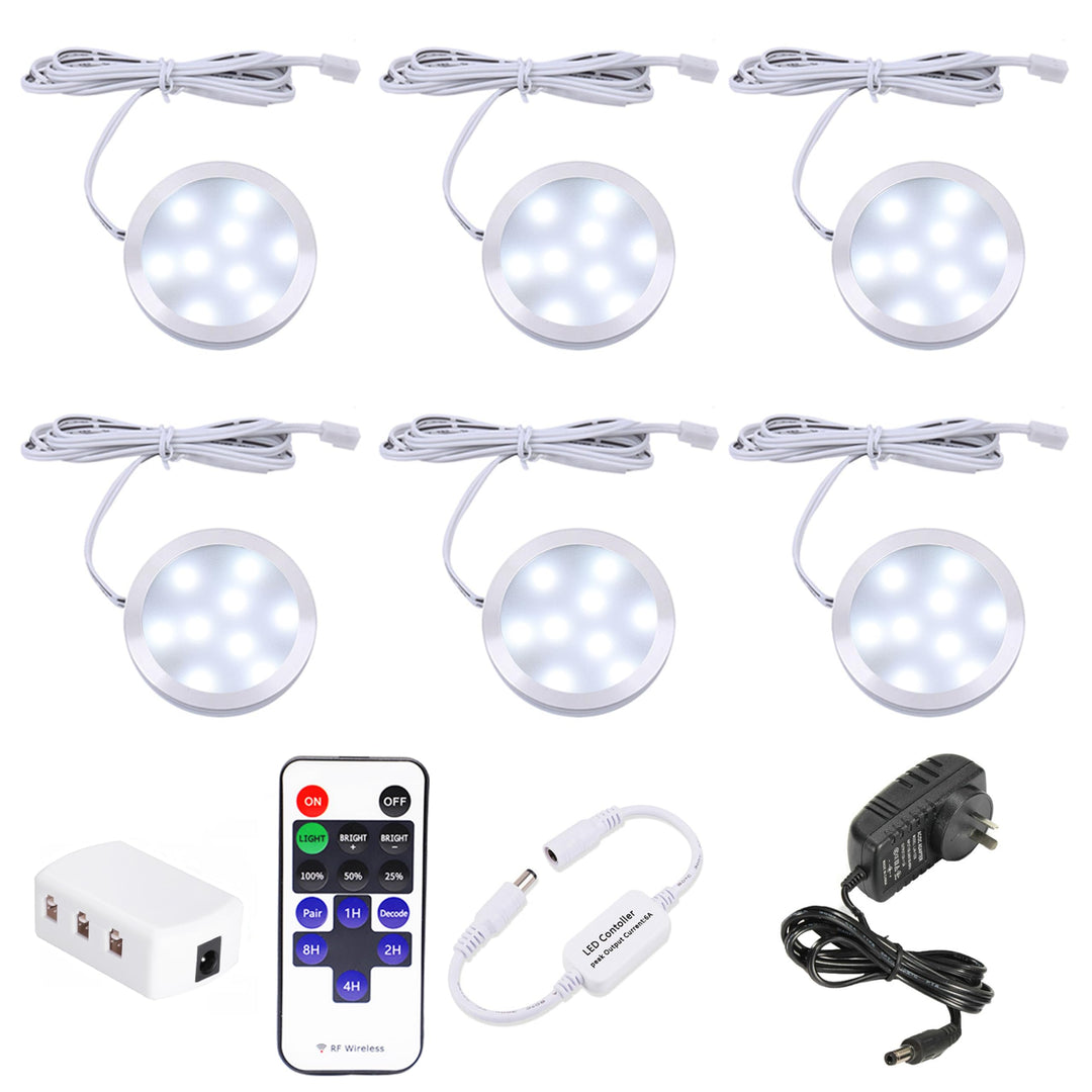 Dimmable LED Under Cabinet Lighting, Counter Showcase Kitchen Lighting Fixtures with 12V Plug in Adapter and Dimmable Wireless Remote Control, 6 Ultra Slim Puck Lights Kit (Daylight White)