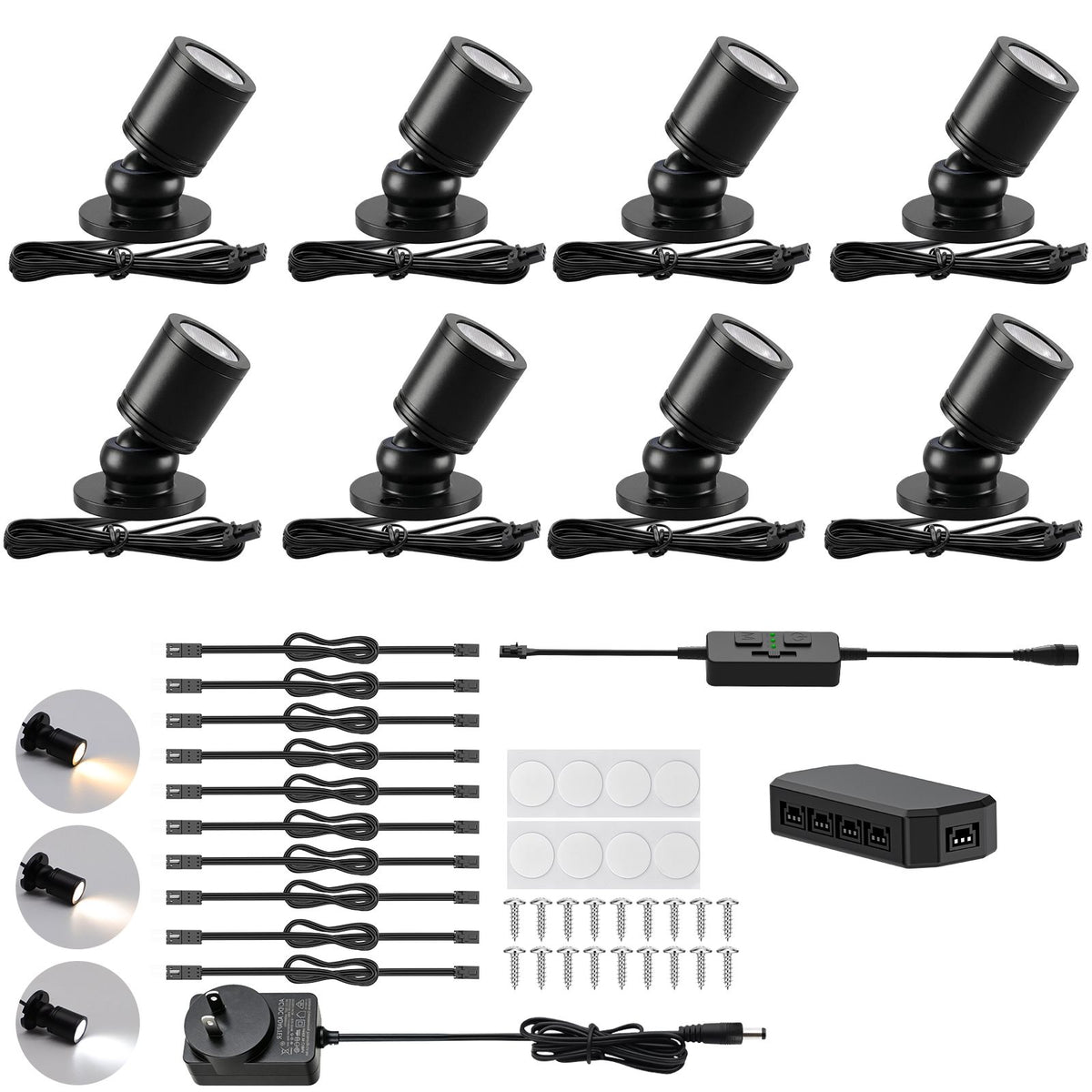 Dimmable LED Mini Spotlight, 12V CCT 2700K-6000K, Adjustable for Display, Cabinet, Showcase, Artwork, 360° Rotatable Accent Lighting, Surface Mount with Slider Dimmer & Adapter (CCT, 8Pack)