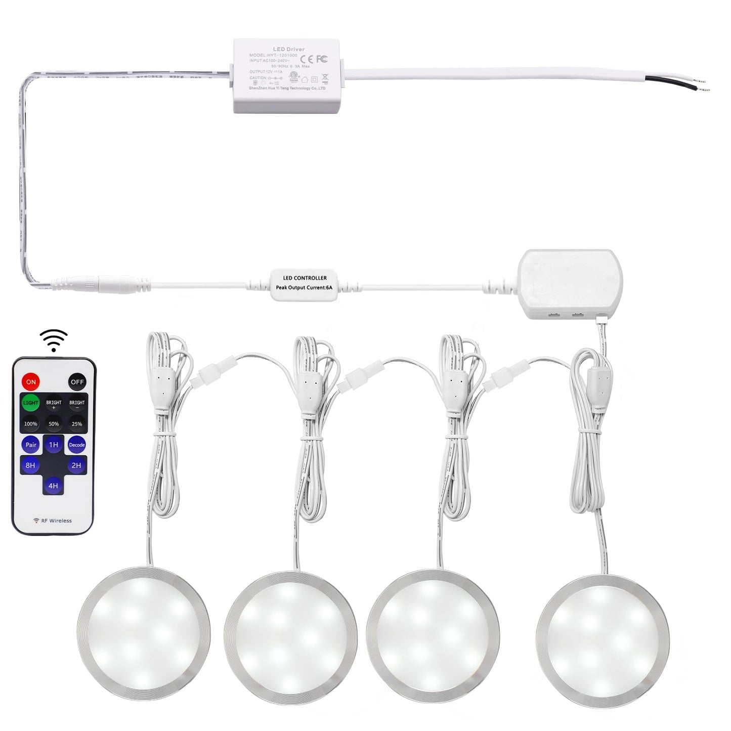 Linkable Under Cabinet LED Lighting 12V Slim Aluminum Dimmable Puck Lights Direct Wired with RF Remote Control for Kitchen Lighting(4pack, Daylight White)