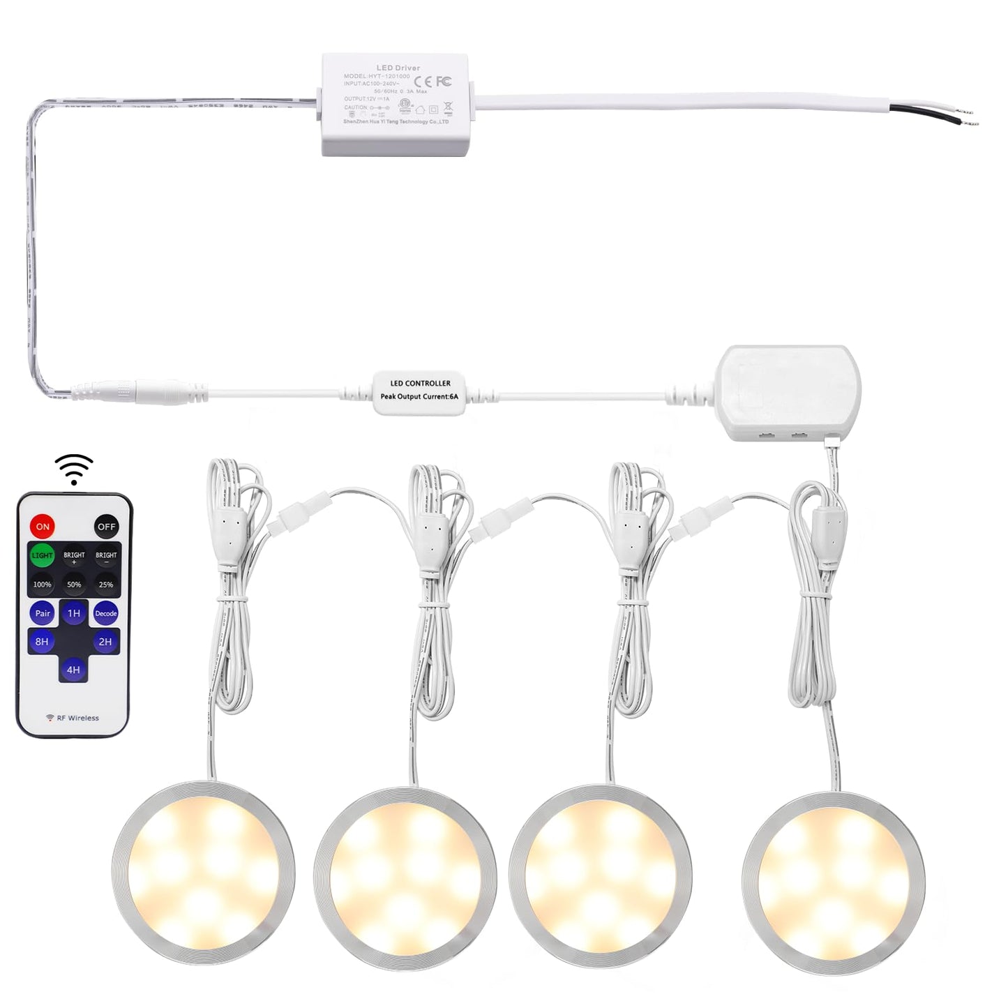 Linkable Under Cabinet LED Lighting 12V Dimmable Puck Lights Hardwired with Wireless RF Remote Control for Kitchen Mood Lighting(4 Lights, Warm White)