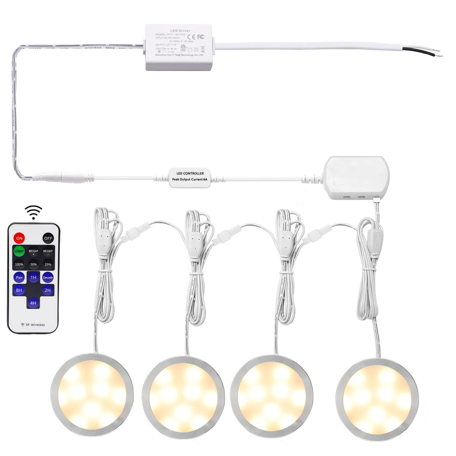 Linkable Under Cabinet LED Lighting 12V Dimmable Puck Lights Hardwired with Wireless RF Remote Control for Kitchen Mood Lighting(4 Lights, Warm White)