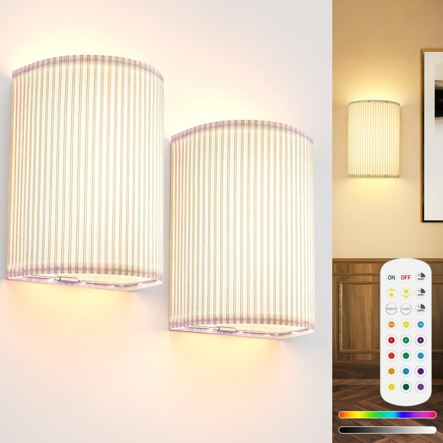 Battery Operated Wall Sconces Set of 2, 5000mAh Rechargeable RGB Wall Lamp with Remote, 3 Colors 10 Levels Brightness Wireless Sconces Wall Decor Set of 2 with Timer for Bedroom Living Room