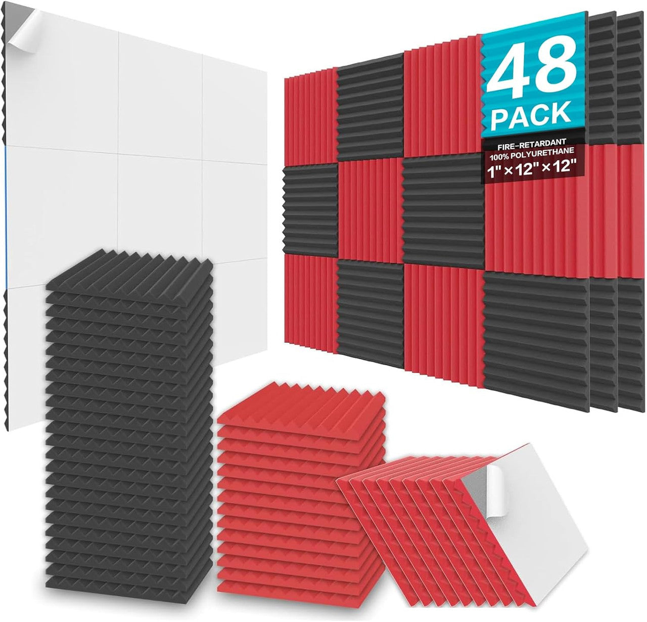 JBER Acoustic Panels  Foam Wedges 48pcs 30x30x2.5cm for Soundproof Padding Wall Black&Red