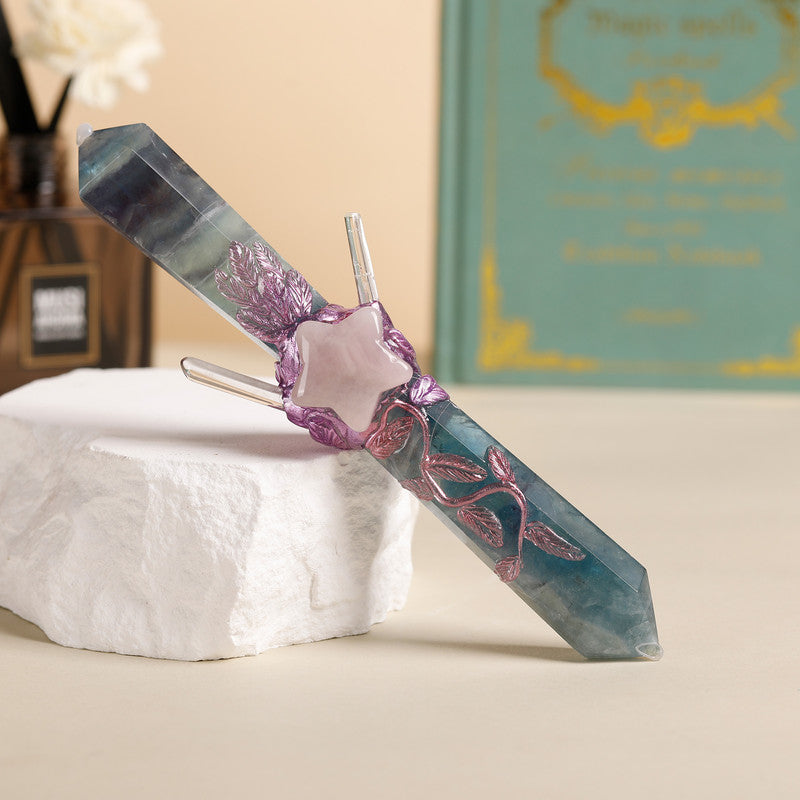 Handmade Crystal Wand Natural Stone Scepter Raw Gemstone Magic Wand Healing Tool Green Fluorite star pattern