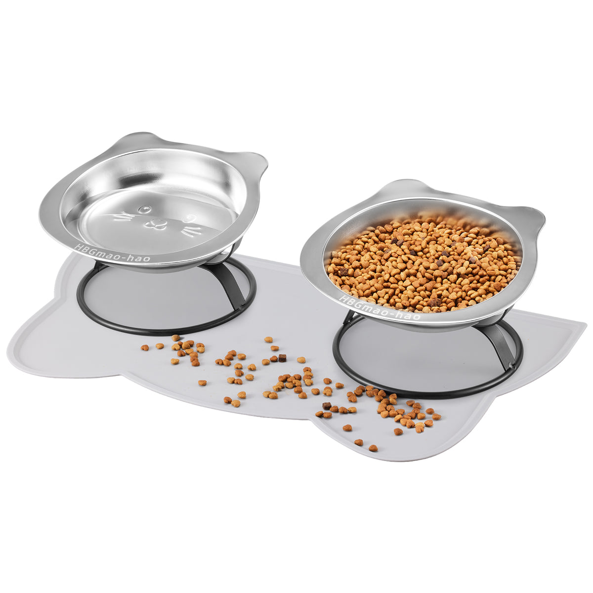Elevated Cat Bowls with Food Mat & Metal Stand - 7.1" Wide Stainless Steel Whisker Friendly Dishes, 15° Tilt for Cats/Kittens/Small Dogs, Indoor/Outdoor & Travel Use (2-Pack) HBGmao-hao