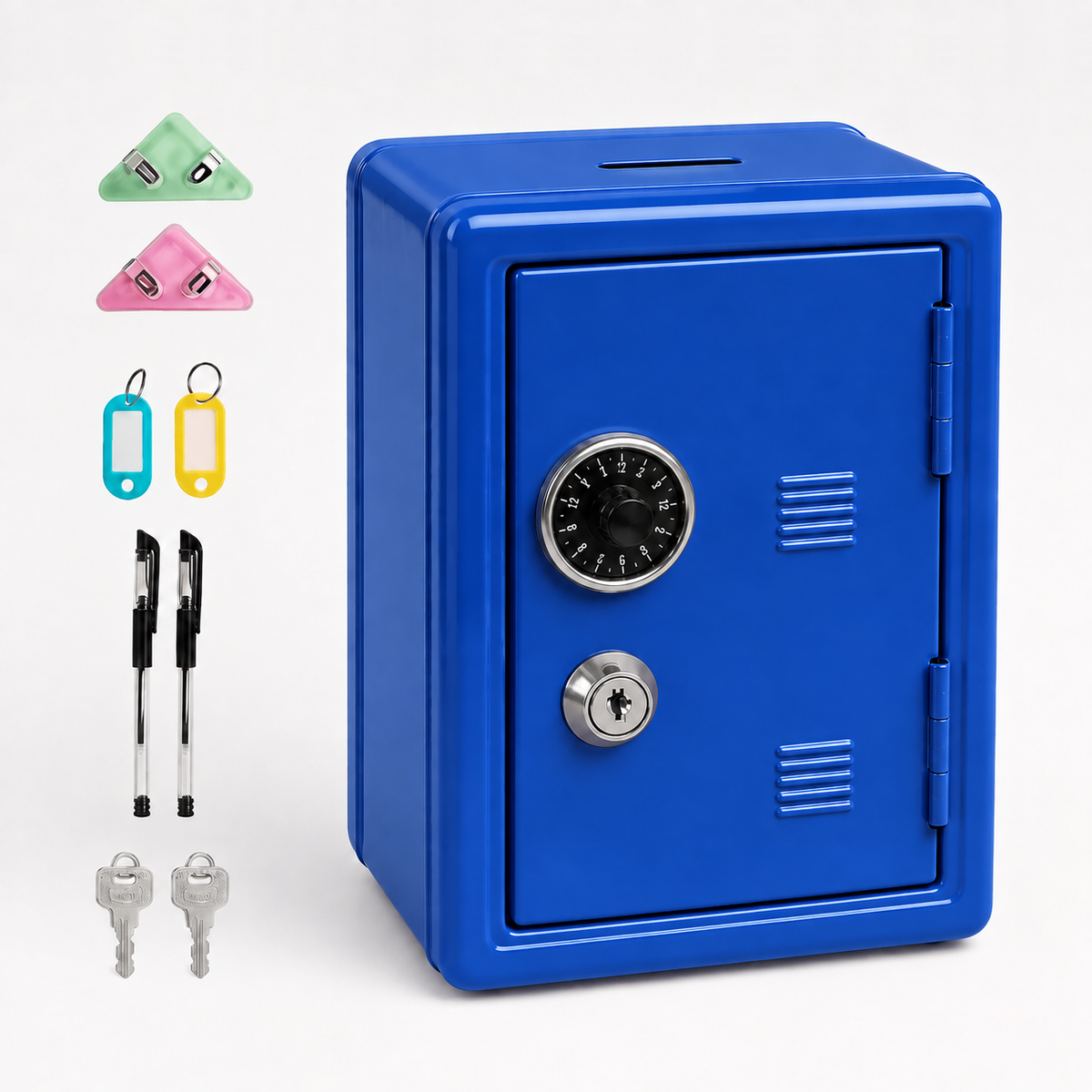 Lockable Metal Money Box, Cash & Coin Storage Box with Key Lock, Compact Piggy Bank for For Kids & Adults, Office & Small Valuables-Blue