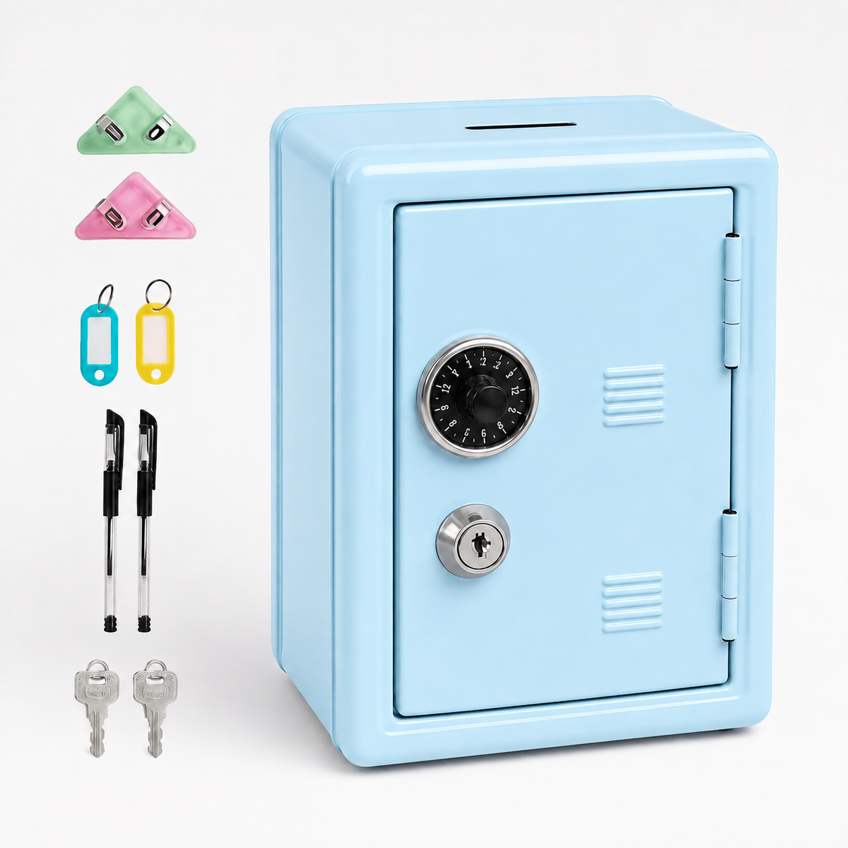 Lockable Metal Money Box, Cash & Coin Storage Box with Key Lock, Compact Piggy Bank for For Kids & Adults, Office & Small Valuables-Light Blue