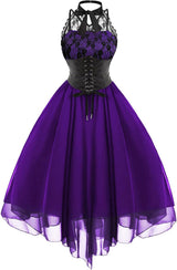 Sleeveless Gothic Lace Dress for Women 80s Party Dress Corset Halter Lace Swing Cocktail Purple XXL