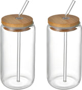 Beer Can Shaped Glass with Bamboo Lid and Straw 500ml 2 pcs for Coffee Milk Cocktail