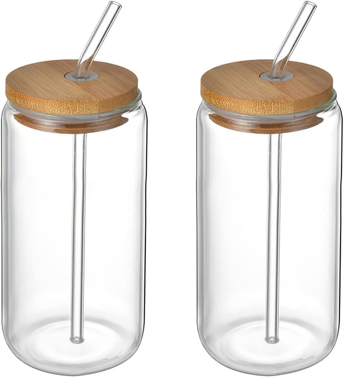 Beer Can Shaped Glass with Bamboo Lid and Straw 500ml 2 pcs for Coffee Milk Cocktail
