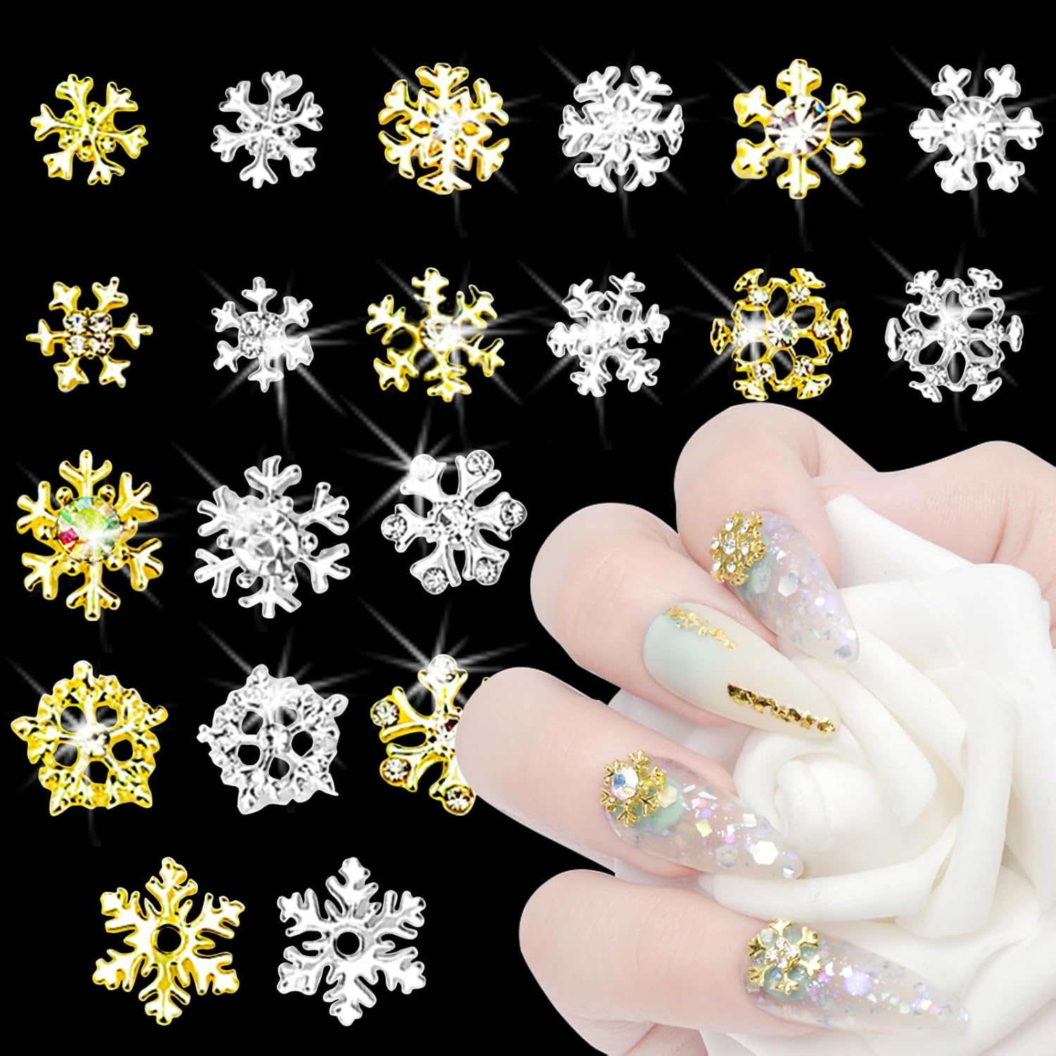 20pcs Snowflake Nail Charms with Rhinestones Silver Gold Christmas Decorations Alloy Nail Jewelry Snowflake Nails Design 3D Charms for Nails Decor DIY Craft Home&Salon